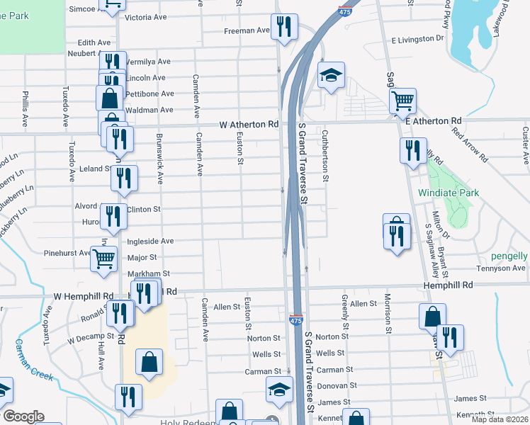 map of restaurants, bars, coffee shops, grocery stores, and more near 4212 South Grand Traverse Street in Flint