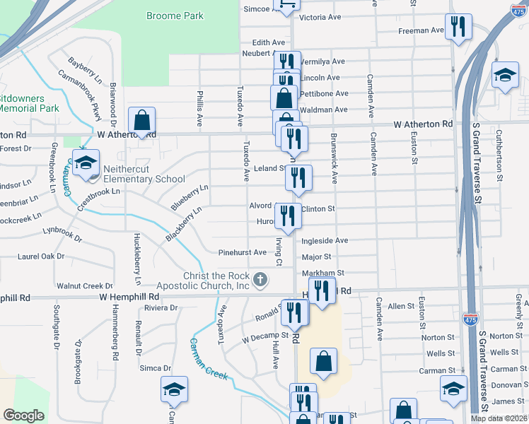 map of restaurants, bars, coffee shops, grocery stores, and more near 4117 Tuxedo Avenue in Flint
