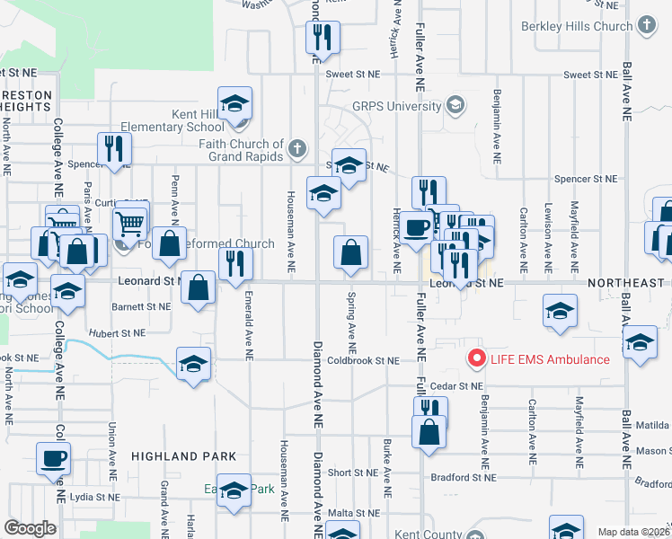map of restaurants, bars, coffee shops, grocery stores, and more near 1237 Spring Avenue Northeast in Grand Rapids