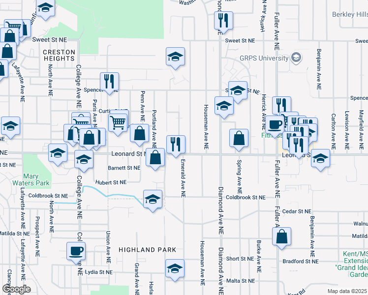 map of restaurants, bars, coffee shops, grocery stores, and more near 1231 Northfield Avenue Northeast in Grand Rapids