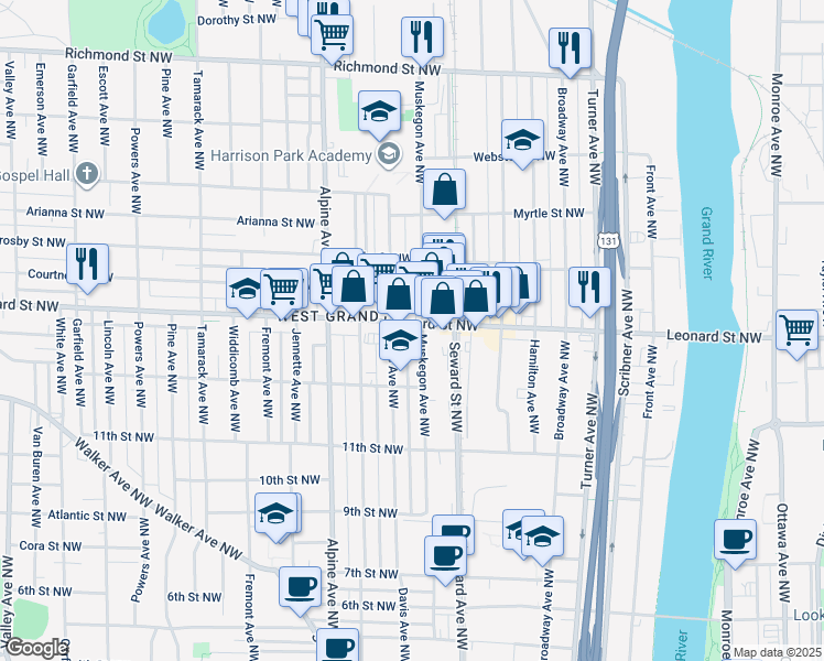 map of restaurants, bars, coffee shops, grocery stores, and more near 1202 Muskegon Avenue Northwest in Grand Rapids