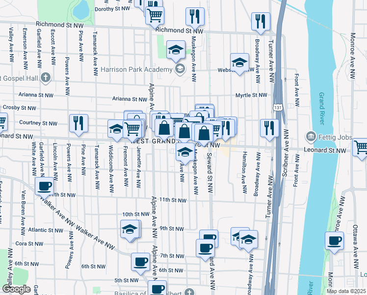 map of restaurants, bars, coffee shops, grocery stores, and more near 703 Leonard Street Northwest in Grand Rapids