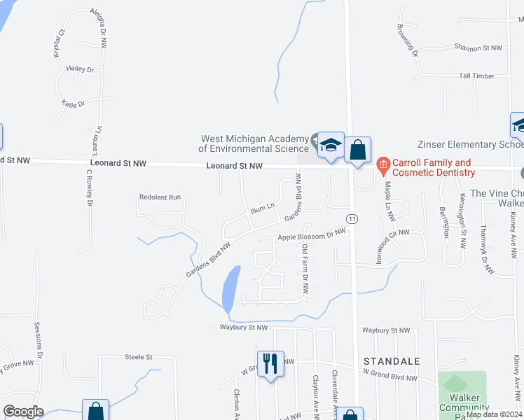 map of restaurants, bars, coffee shops, grocery stores, and more near 1124 Marvin Court Northwest in Walker