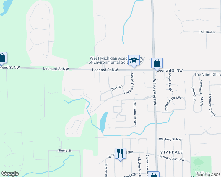 map of restaurants, bars, coffee shops, grocery stores, and more near 1102-1198 Maple Leaf Lane Northwest in Walker