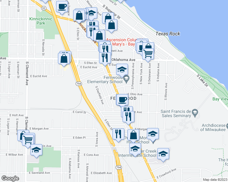 map of restaurants, bars, coffee shops, grocery stores, and more near 3261 South Kinnickinnic Avenue in Milwaukee