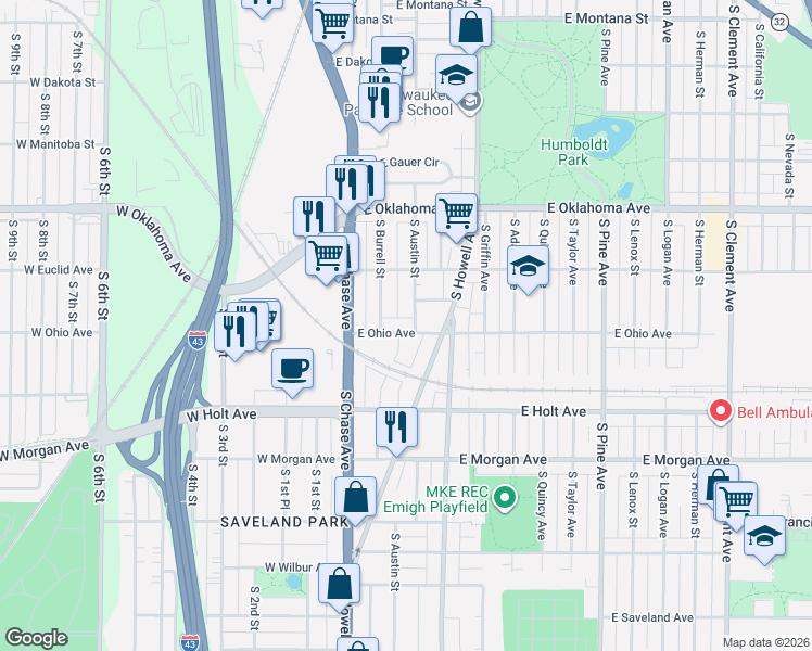 map of restaurants, bars, coffee shops, grocery stores, and more near 3255 South Austin Street in Milwaukee