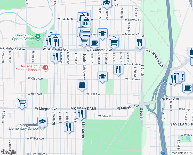 map of restaurants, bars, coffee shops, grocery stores, and more near 3247 South 11th Street in Milwaukee