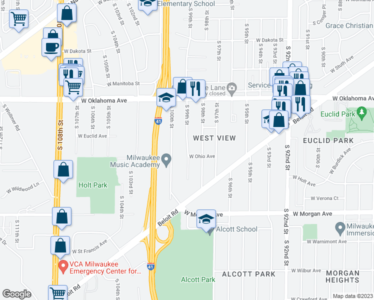 map of restaurants, bars, coffee shops, grocery stores, and more near 3393 99th Ct in Milwaukee