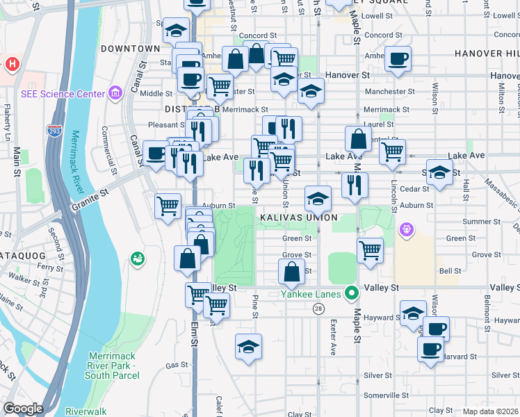 map of restaurants, bars, coffee shops, grocery stores, and more near 169 Cedar Street South Back in Manchester