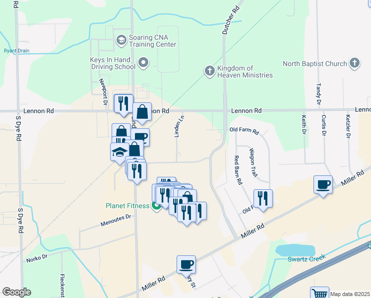 map of restaurants, bars, coffee shops, grocery stores, and more near 3095 Linden Lane in Flint