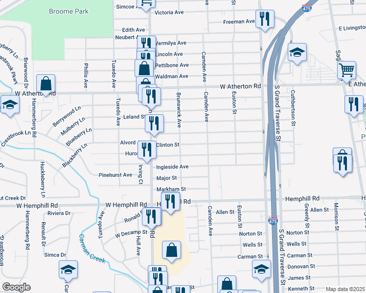 map of restaurants, bars, coffee shops, grocery stores, and more near 4301 Brunswick Avenue in Flint