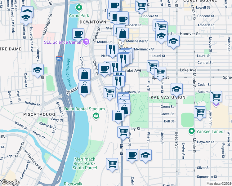 map of restaurants, bars, coffee shops, grocery stores, and more near 24 West Auburn Street in Manchester