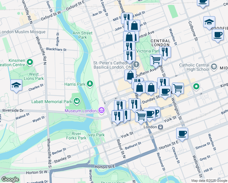 map of restaurants, bars, coffee shops, grocery stores, and more near 505 Talbot Street in London
