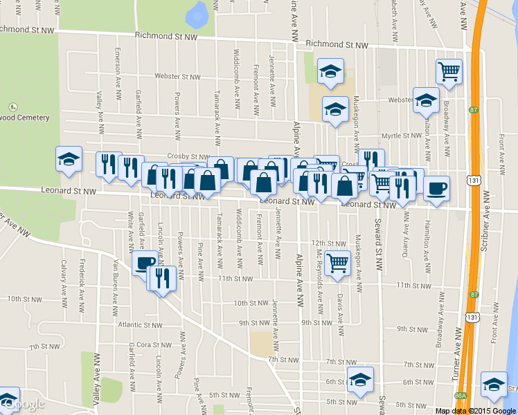 map of restaurants, bars, coffee shops, grocery stores, and more near 1124 Fremont Avenue Northwest in Grand Rapids