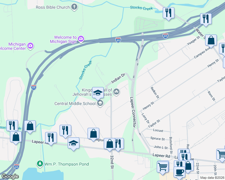 map of restaurants, bars, coffee shops, grocery stores, and more near 2724 Yeager Street in Port Huron