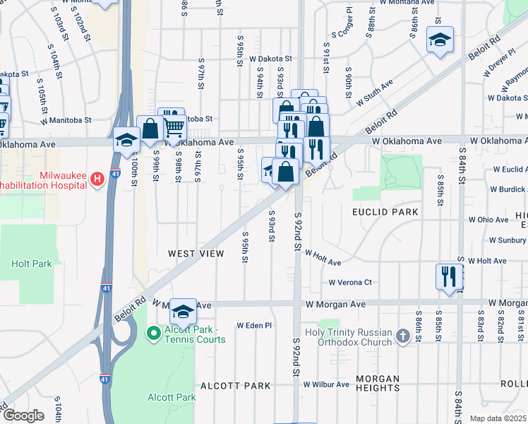 map of restaurants, bars, coffee shops, grocery stores, and more near 9265 Beloit Road in Milwaukee