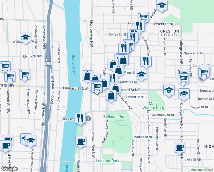 map of restaurants, bars, coffee shops, grocery stores, and more near 1228 Taylor Avenue North in Grand Rapids