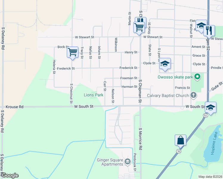 map of restaurants, bars, coffee shops, grocery stores, and more near 1501 Herman Street in Owosso