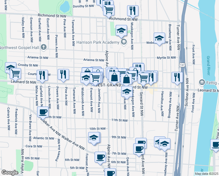 map of restaurants, bars, coffee shops, grocery stores, and more near 754 Leonard Street Northwest in Grand Rapids