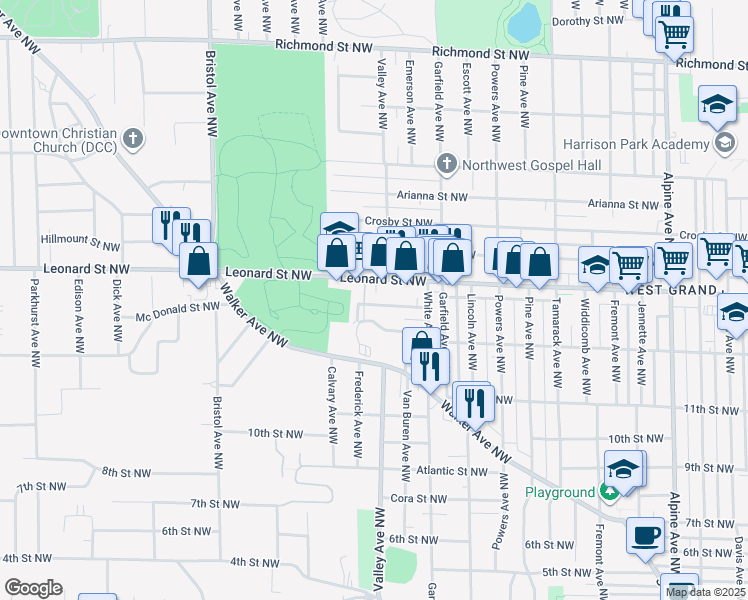 map of restaurants, bars, coffee shops, grocery stores, and more near 1314 Leonard Street Northwest in Grand Rapids