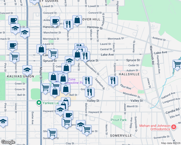 map of restaurants, bars, coffee shops, grocery stores, and more near 160 Massabesic Street in Manchester
