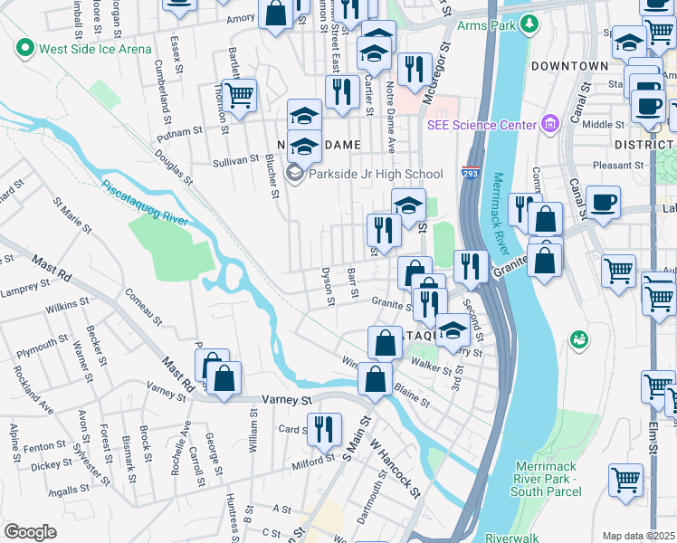 map of restaurants, bars, coffee shops, grocery stores, and more near 17 Rimmon Street in Manchester