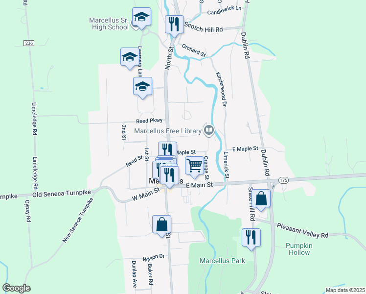map of restaurants, bars, coffee shops, grocery stores, and more near 4 Chrisler Street in Marcellus
