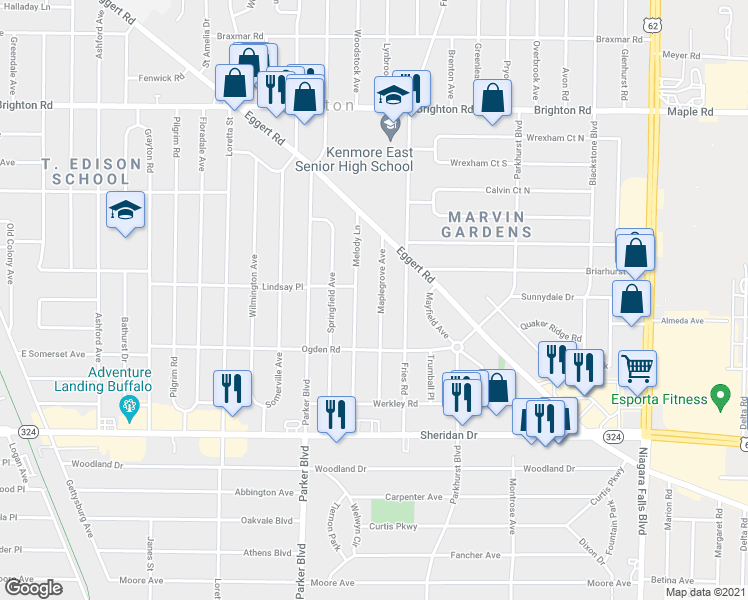 map of restaurants, bars, coffee shops, grocery stores, and more near 135 Maplegrove Avenue in Tonawanda