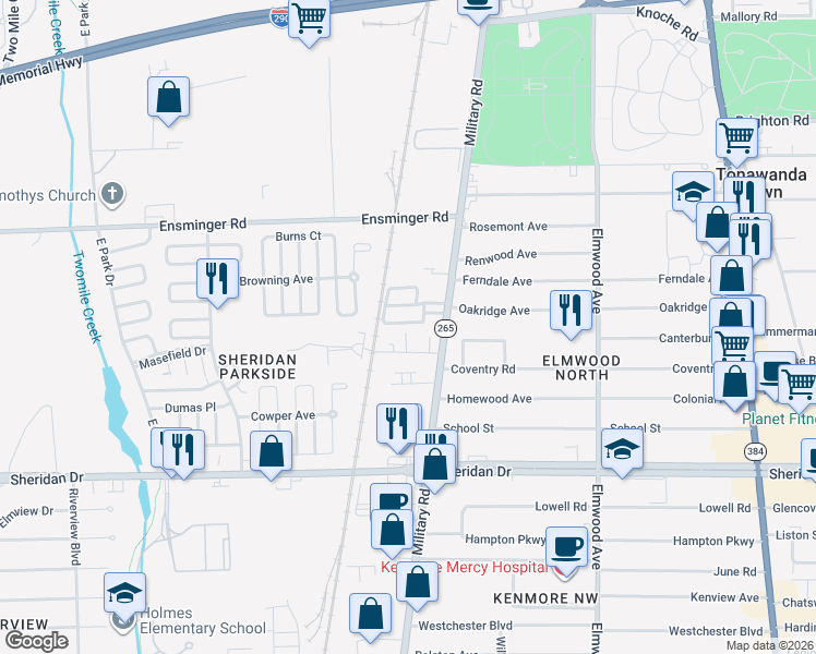 map of restaurants, bars, coffee shops, grocery stores, and more near 1774 Military Road in Buffalo