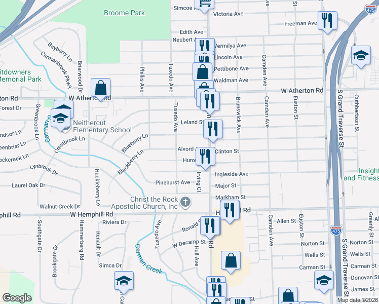 map of restaurants, bars, coffee shops, grocery stores, and more near 1036 Alvord Avenue in Flint