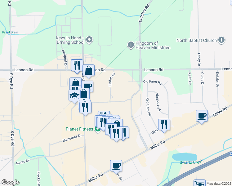 map of restaurants, bars, coffee shops, grocery stores, and more near 3095 Linden Lane in Flint
