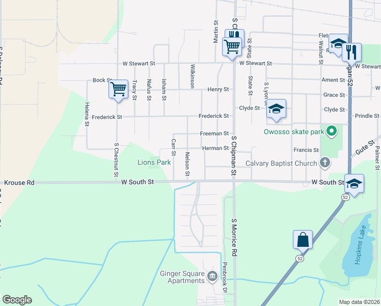 map of restaurants, bars, coffee shops, grocery stores, and more near 1501 Herman Street in Owosso
