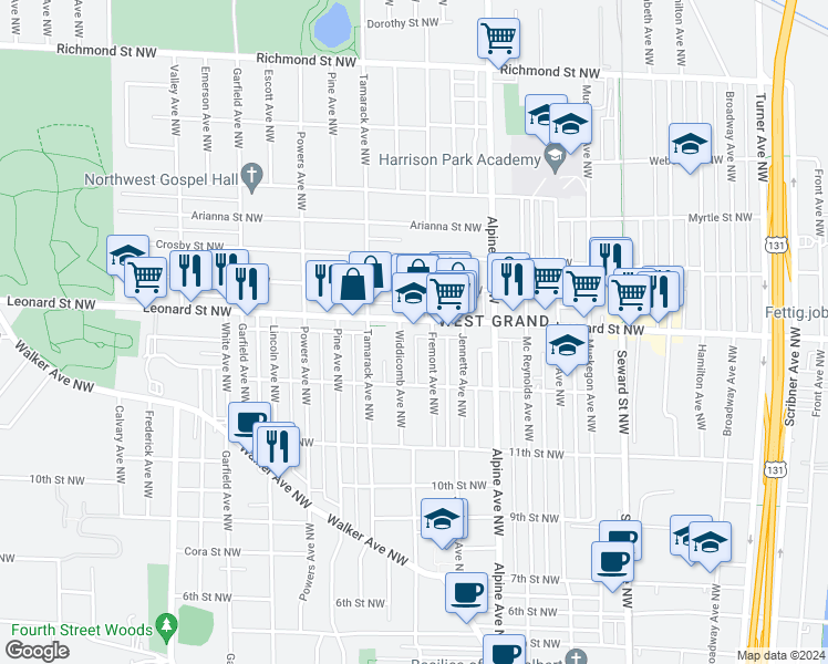 map of restaurants, bars, coffee shops, grocery stores, and more near 842 Leonard Street Northwest in Grand Rapids