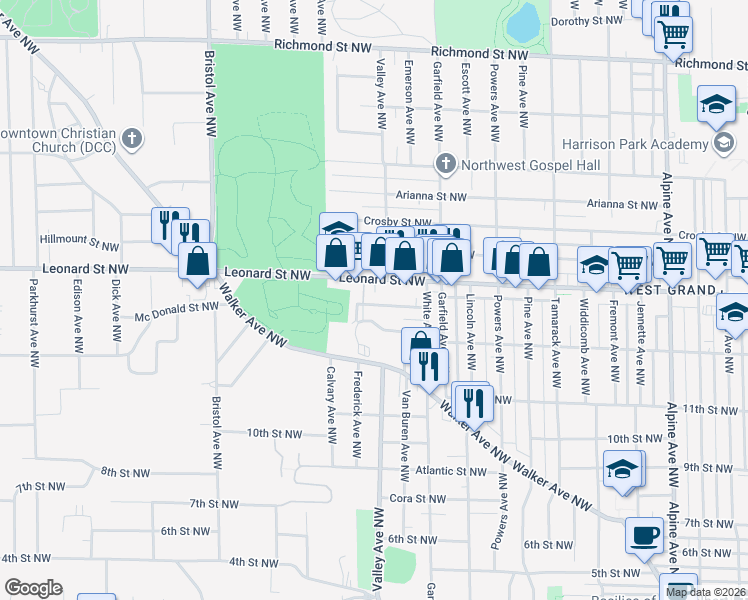 map of restaurants, bars, coffee shops, grocery stores, and more near 1314 Leonard Street Northwest in Grand Rapids