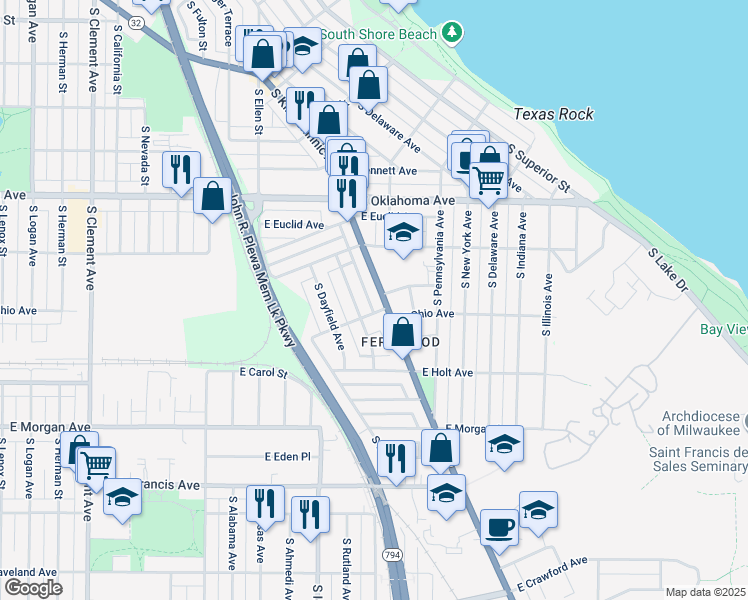 map of restaurants, bars, coffee shops, grocery stores, and more near 3261 South Kinnickinnic Avenue in Milwaukee