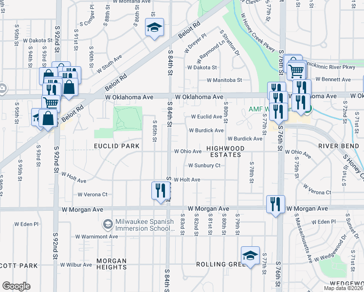 map of restaurants, bars, coffee shops, grocery stores, and more near 3248 South 84th Street in Milwaukee