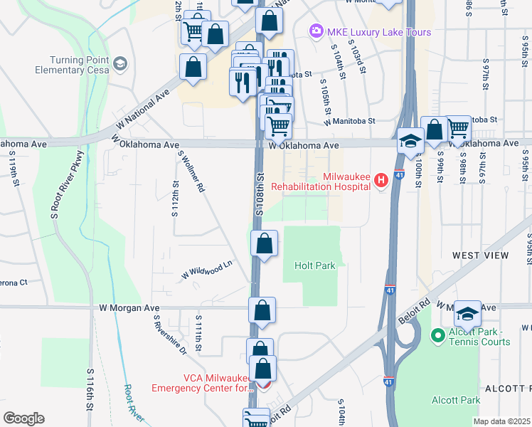 map of restaurants, bars, coffee shops, grocery stores, and more near 3210 South 108th Street in West Allis