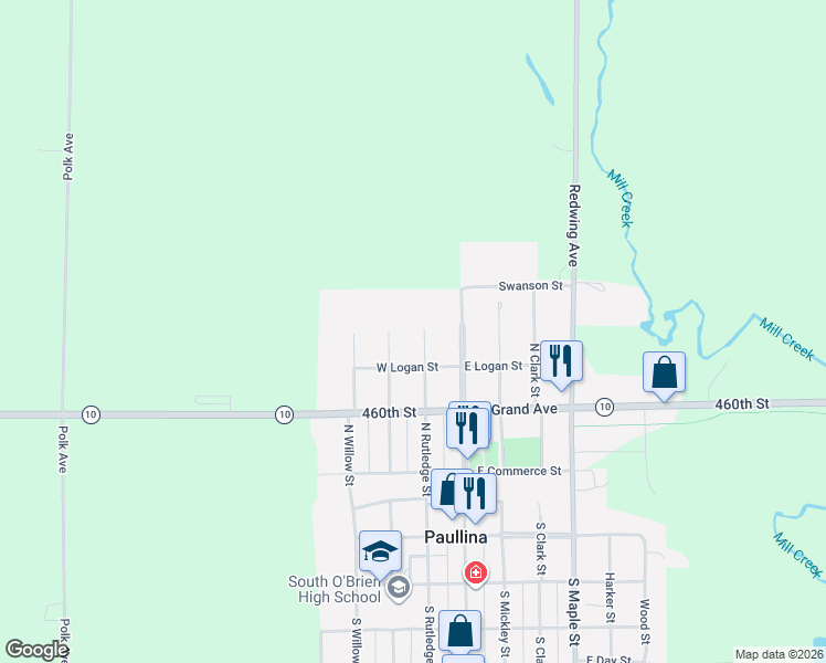 map of restaurants, bars, coffee shops, grocery stores, and more near 421 North Rutledge Street in Paullina