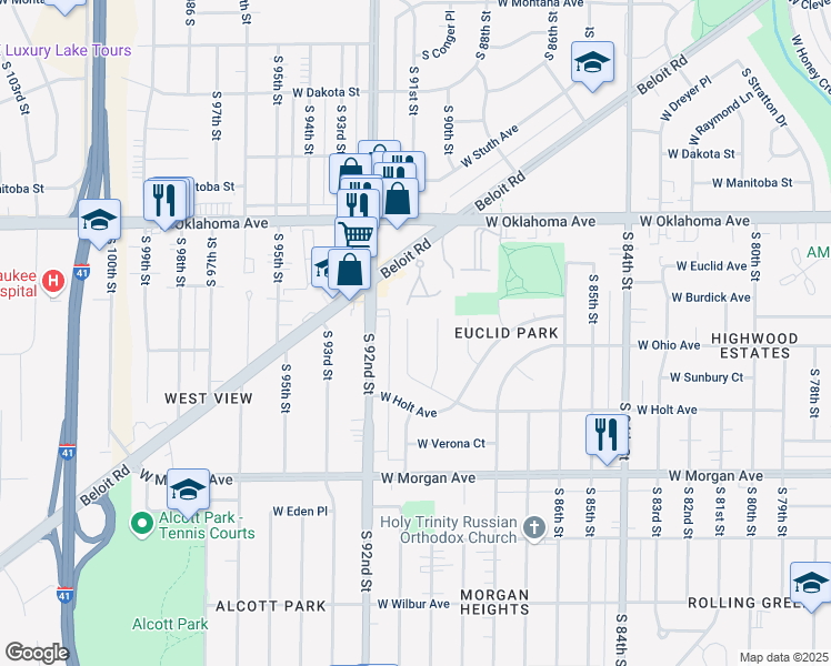 map of restaurants, bars, coffee shops, grocery stores, and more near 3252 South 91st Street in Milwaukee