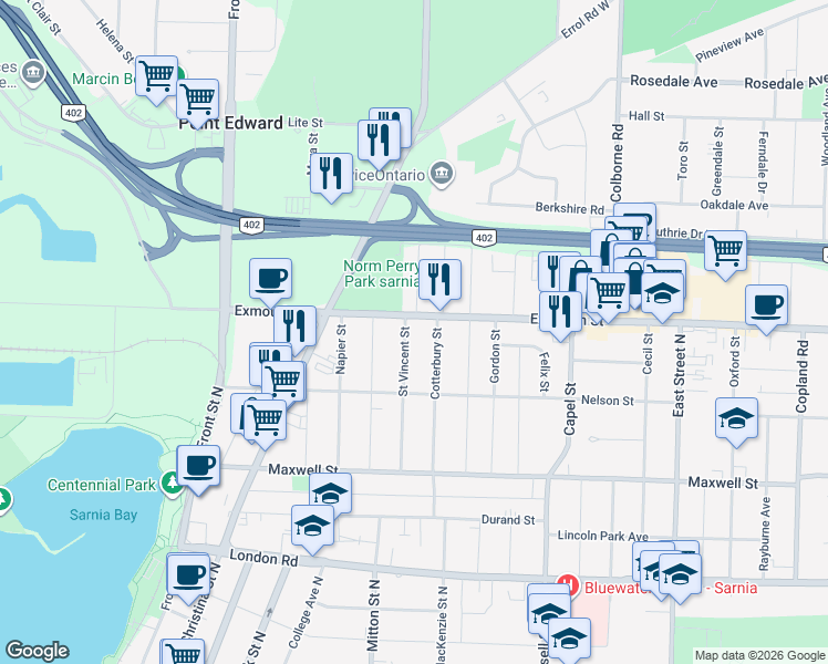 map of restaurants, bars, coffee shops, grocery stores, and more near 286 Saint Vincent Street in Sarnia