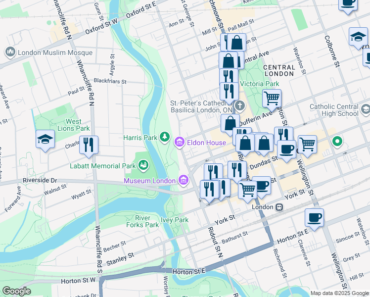 map of restaurants, bars, coffee shops, grocery stores, and more near 500 Ridout Street North in London