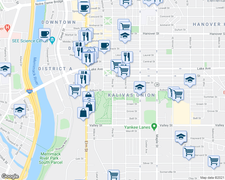 map of restaurants, bars, coffee shops, grocery stores, and more near Pine St & Auburn St in Manchester