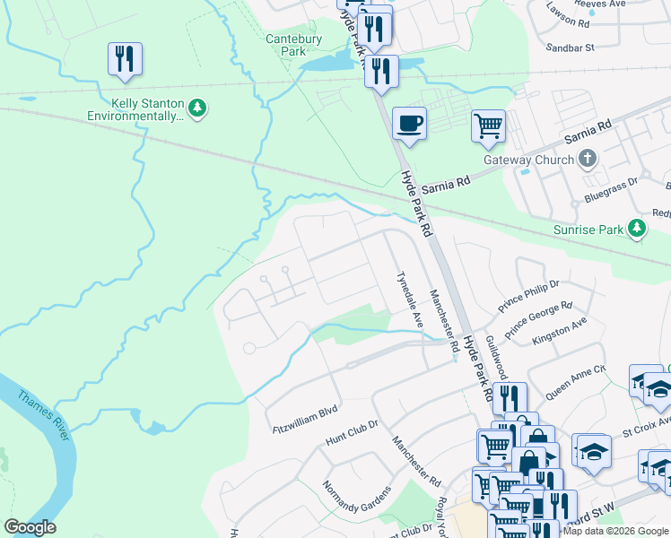 map of restaurants, bars, coffee shops, grocery stores, and more near 1150 Manchester Road in London