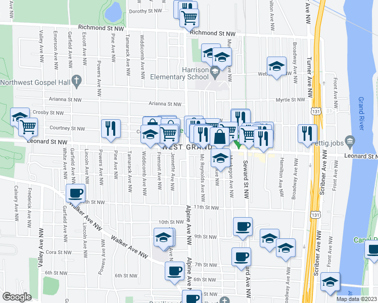 map of restaurants, bars, coffee shops, grocery stores, and more near 1152 Alpine Avenue Northwest in Grand Rapids