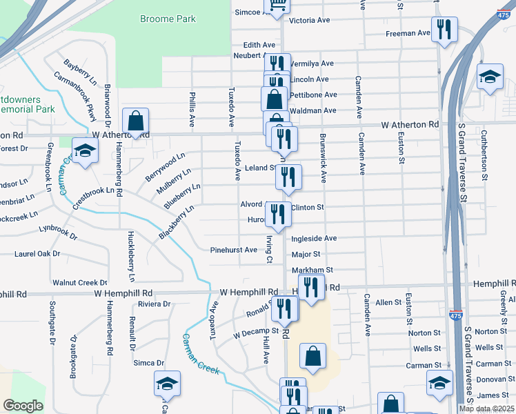 map of restaurants, bars, coffee shops, grocery stores, and more near 1035 Alvord Avenue in Flint