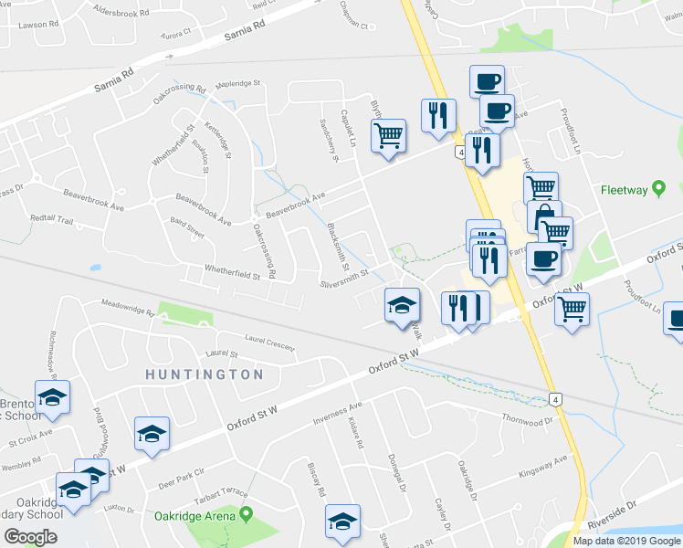 map of restaurants, bars, coffee shops, grocery stores, and more near 760 Silversmith Street in London