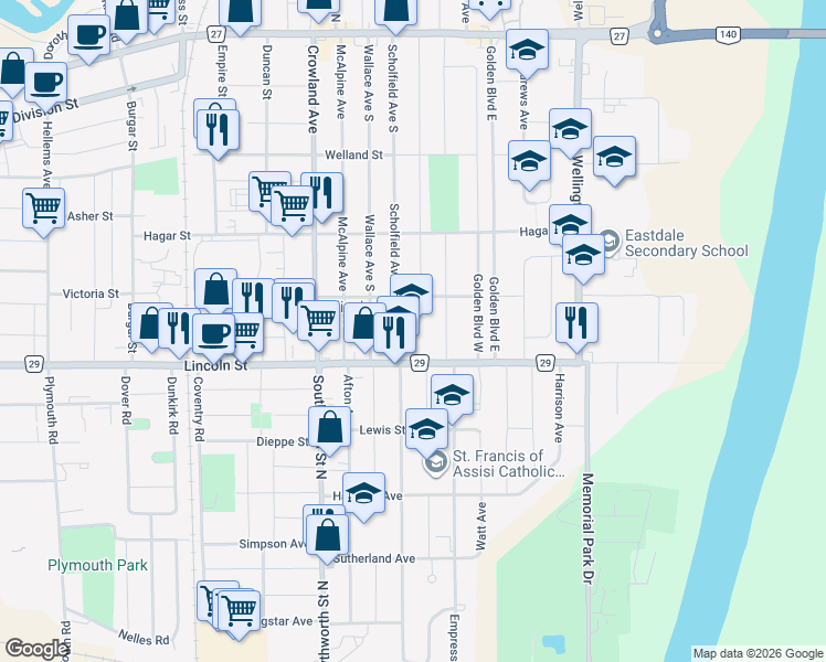 map of restaurants, bars, coffee shops, grocery stores, and more near 330 Scholfield Avenue South in Welland