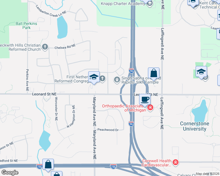 map of restaurants, bars, coffee shops, grocery stores, and more near 1240 Beckwith Avenue Northeast in Grand Rapids
