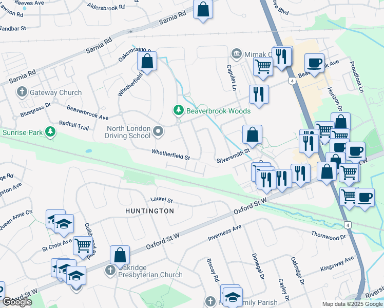 map of restaurants, bars, coffee shops, grocery stores, and more near 668 Oakcrossing Road in London