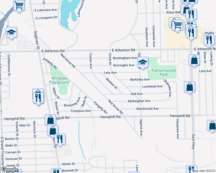 map of restaurants, bars, coffee shops, grocery stores, and more near 4202 Menton Street in Flint